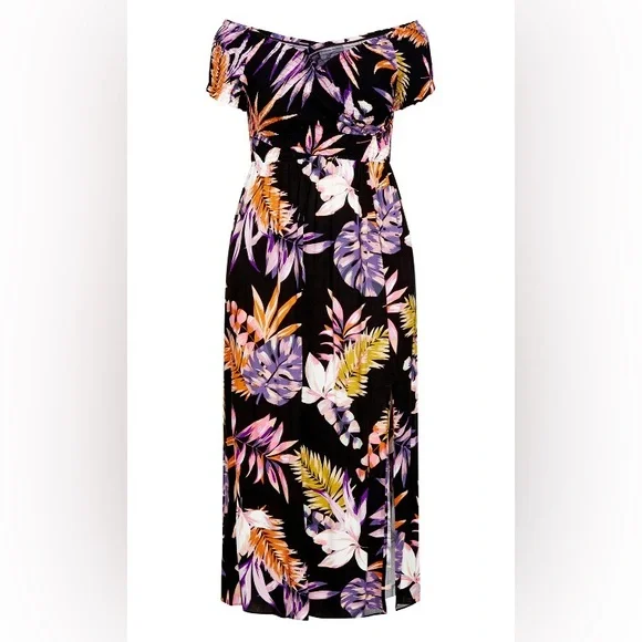 City Chic Skye Off Shoulder Print Maxi Dress - black size 14 - Picture 3 of 14